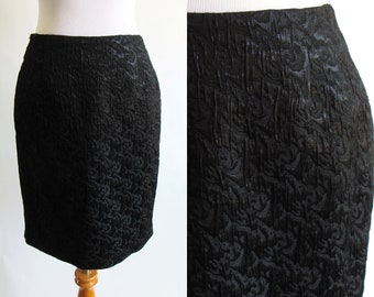 90s Textured Black Pencil Skirt - Short Pencil Skirt - Black Metallic Textured High Waist Skirt - Simple Black Skirt - Size Small/Medium