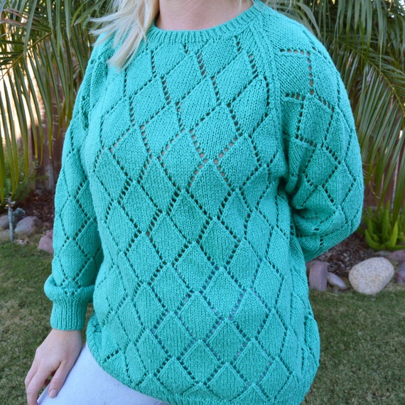Turquoise Knit Sweater See Through Diamond Patter… - image 1
