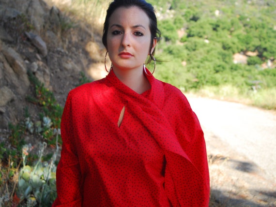 Red Pussybow Blouse - 1980s Long Sleeve Red and B… - image 1