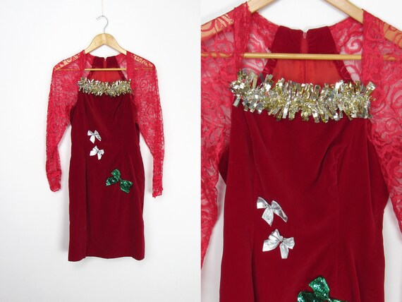 Decorated Christmas Dress - Sexy Red Velvet Dress… - image 1
