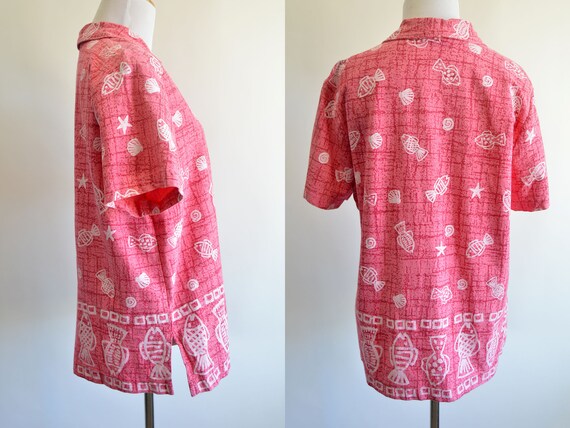 Coral Pink Fish and Seashells Shirt Short Sleeve … - image 4