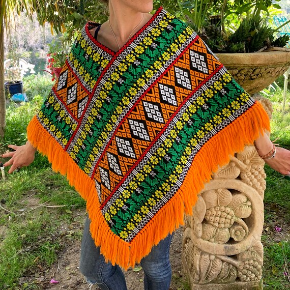 Guatemalan Woven Poncho Floral with Deer - Fringe… - image 9