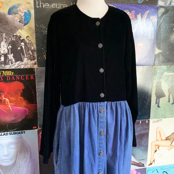 Long Sleeve Black Velvet and Blue Denim Button Up… - image 1