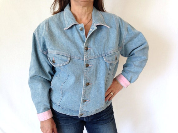 80s Blue Jean Denim Jacket With Pink Accent Stitching Size | Etsy