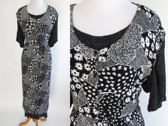 90s Black and White Floral Patchwork Maxi Dress -… - image 1