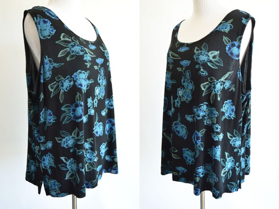 Black and Blue Floral Tank Top Slinky Stretchy 19… - image 2