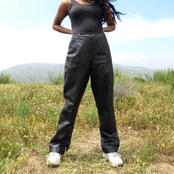Black Leather Side Zipper Pants with No Pockets -