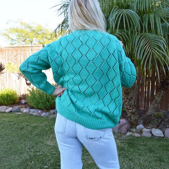 Turquoise Knit Sweater See Through Diamond Patter… - image 6