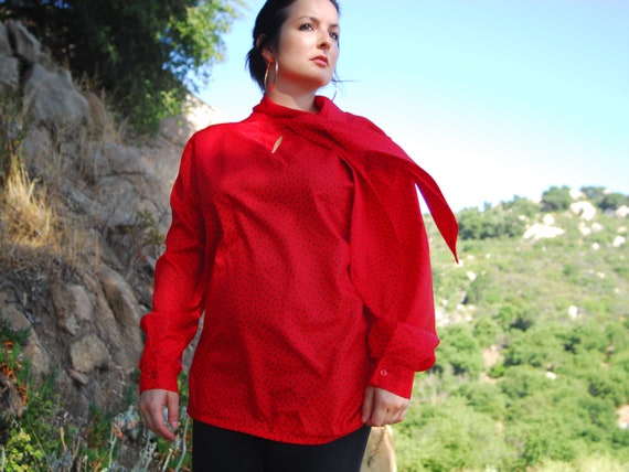 Red Pussybow Blouse - 1980s Long Sleeve Red and B… - image 2
