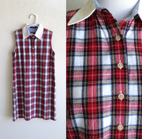 90s Tommy Hilfiger Red Plaid Sleeveless Collared … - image 2