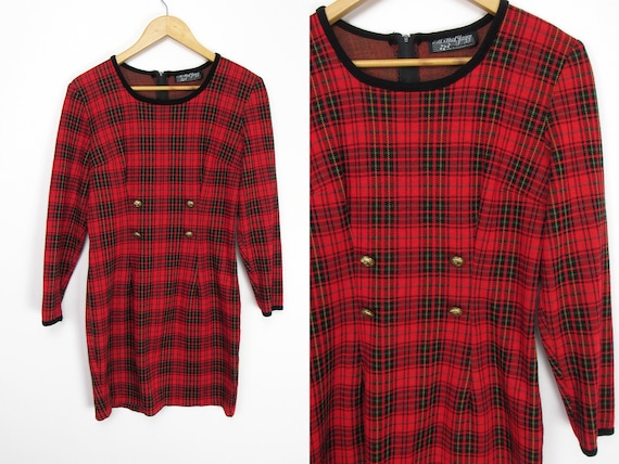 Red Plaid Dress with Double Breast Buttons - Red … - image 1