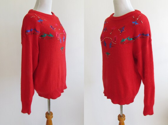 Silk Angora Bright Red Embroidered Appliqué Chris… - image 3