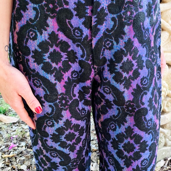 Petite Tapestry Damask Black Purple and Blue Vintage Pants 1970s Unique  Hippie Boho Pants for Short Girl 26 Inch Inseam Size XS Small 