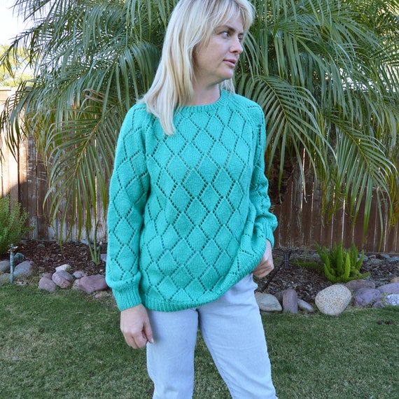 Turquoise Knit Sweater See Through Diamond Patter… - image 3