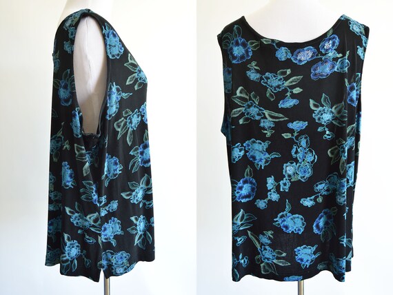 Black and Blue Floral Tank Top Slinky Stretchy 19… - image 3