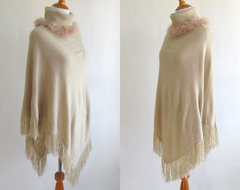 90s Champagne Fringe Poncho with Feather Turtleneck - Elegant Sweater Poncho with Feather Collar Turtleneck - Turtleneck Poncho with Fringe