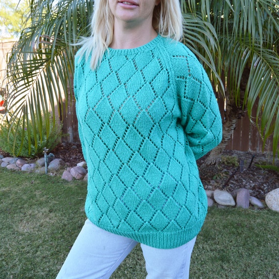 Turquoise Knit Sweater See Through Diamond Patter… - image 4