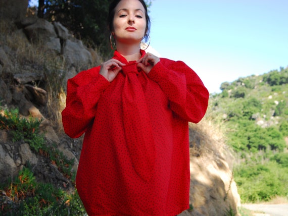 Red Pussybow Blouse - 1980s Long Sleeve Red and B… - image 3