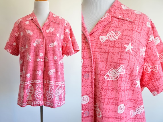 Coral Pink Fish and Seashells Shirt Short Sleeve … - image 2