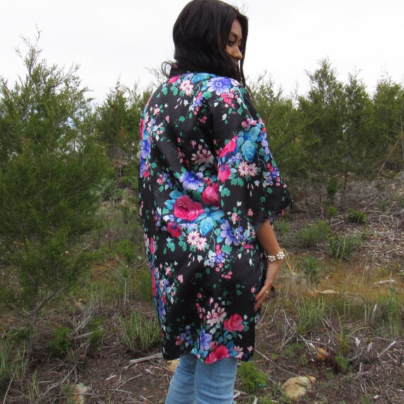 Floral Robe - Black Pink Blue Turquoise Silky Flo… - image 7