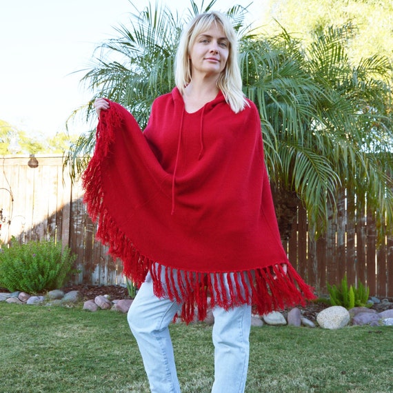 Red Knit Poncho Fringe Hooded Cape Shawl Boho Chr… - image 1