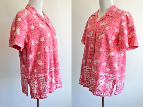 Coral Pink Fish and Seashells Shirt Short Sleeve … - image 3