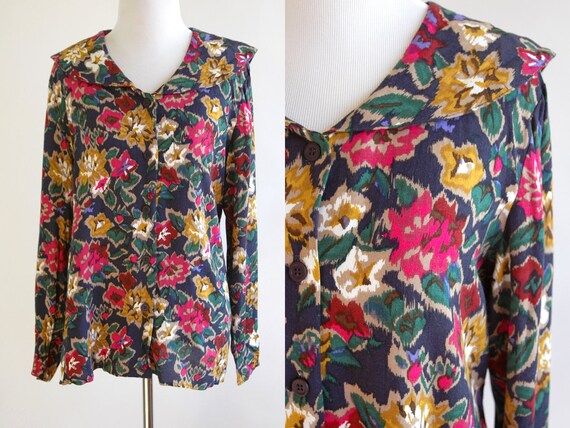 80s Floral Button Up with Draped Collar Avon Fashions Blouse | Etsy