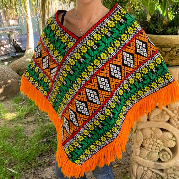 Guatemalan Woven Poncho Floral with Deer - Fringe… - image 10