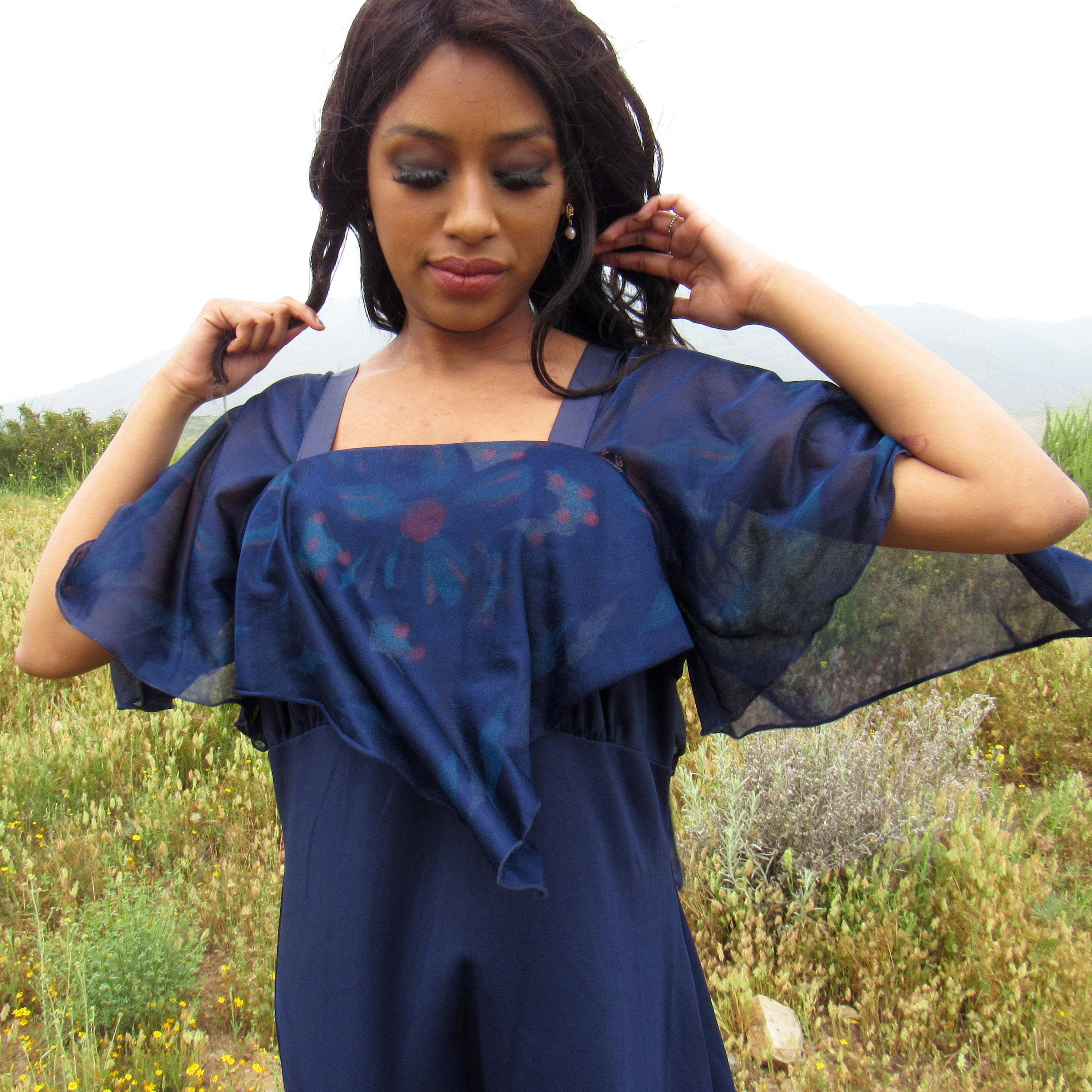 Elegant Navy Blue Dress With Angelic Draped Collar and Sleeves - Etsy