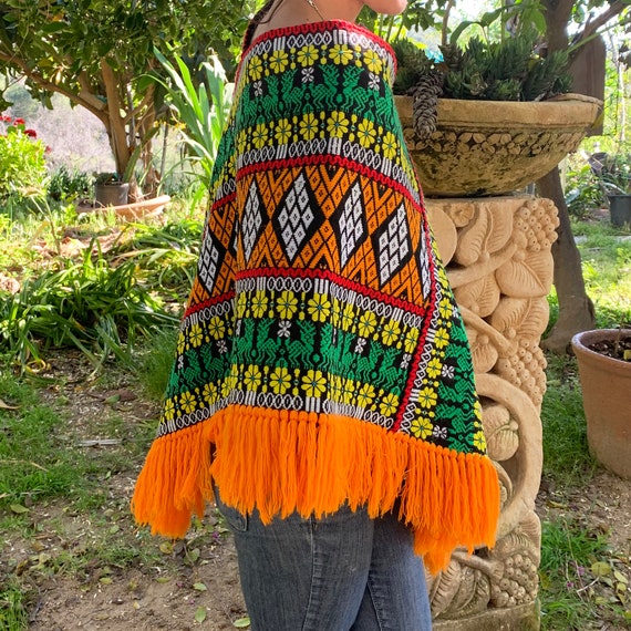 Guatemalan Woven Poncho Floral with Deer - Fringe… - image 3