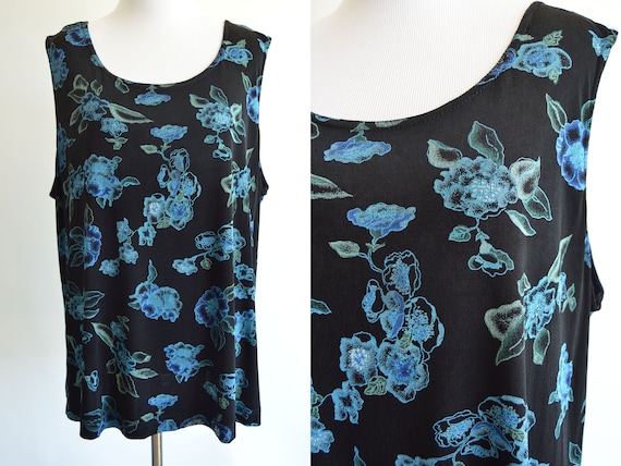 Black and Blue Floral Tank Top Slinky Stretchy 19… - image 1