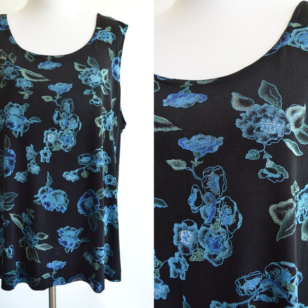 Black and Blue Floral Tank Top Slinky Stretchy 1990s Vintage Floral Tank Top Casual Summer Plus Size Vintage 2X XXL Black Blue Rose Floral