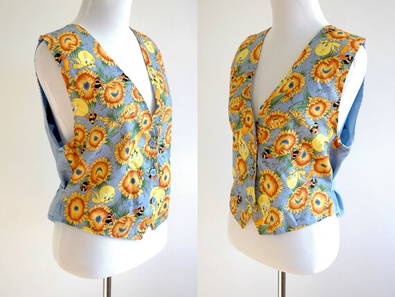 90s Tweety Bird and Sunflowers Sky Blue Cotton Ve… - image 2