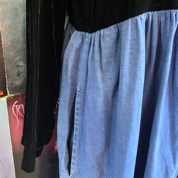 Long Sleeve Black Velvet and Blue Denim Button Up… - image 8