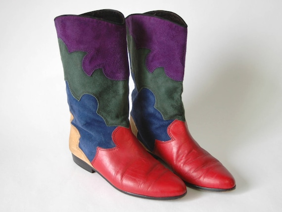 Colorful Suede Leather Cowboy Boots - Decorative … - image 2