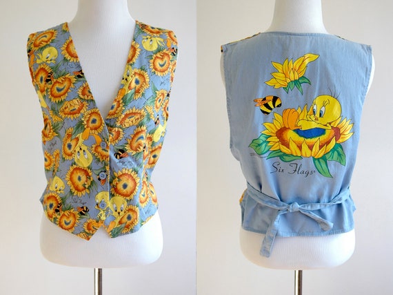 90s Tweety Bird and Sunflowers Sky Blue Cotton Ve… - image 1