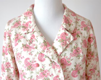 60s Pink Cream Floral Paisley Cropped Jacket - Double Breasted Short Jacket - Size Medium/Large