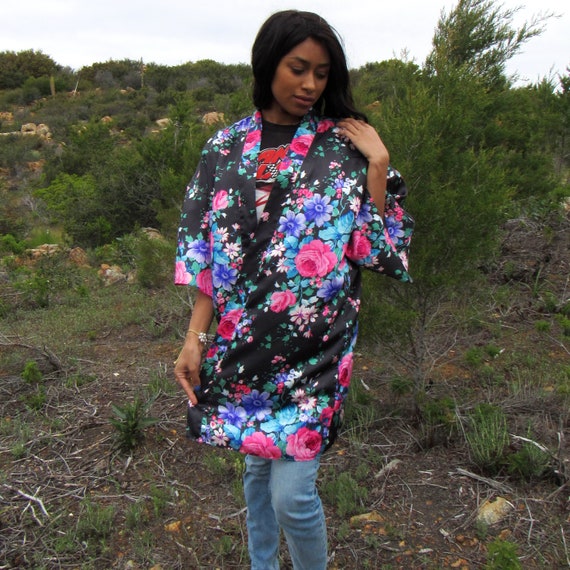 Floral Robe - Black Pink Blue Turquoise Silky Flo… - image 4