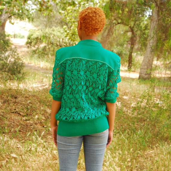 Green Lace and Rhinestone Semi Sheer Half Sleeve … - image 7