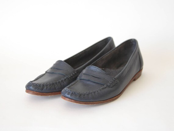 Navy blue leather loafers sale