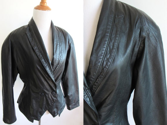1980s Black Leather Jacket - Dramatic Shoulders Ta