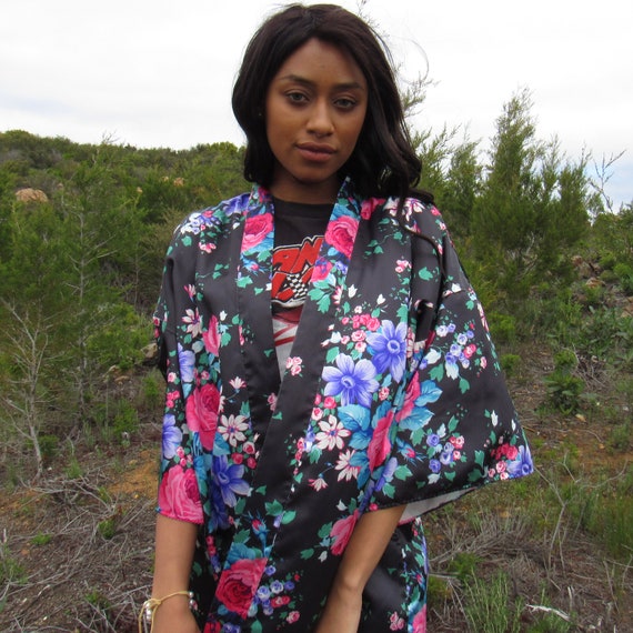 Floral Robe - Black Pink Blue Turquoise Silky Flo… - image 2