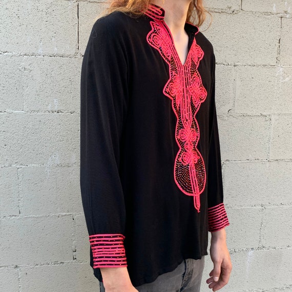 Black and Hot Pink Tunic Beaded Embroidered Long … - image 5