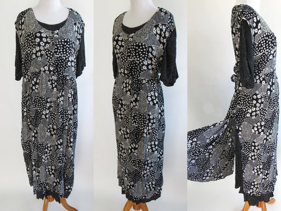 90s Black and White Floral Patchwork Maxi Dress -… - image 3