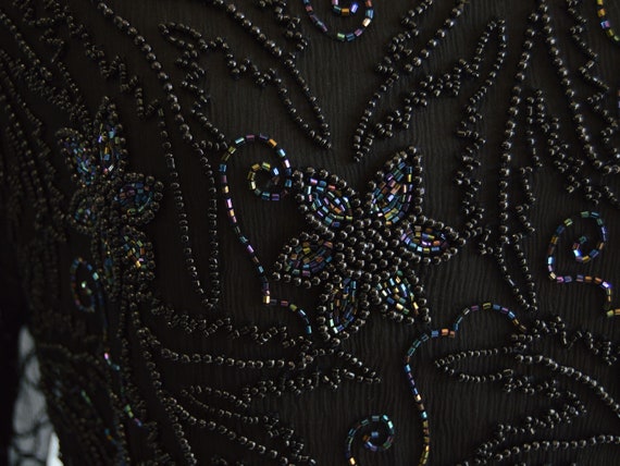 Black Beaded Silk Dress Iridescent Floral Beaded … - image 5