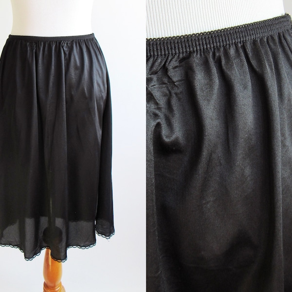 Black Nylon Knee Length Skirt Slip - Vintage Skirt Slip - Black Nylon Half Slip - Black Under Skirt Slip - Vintage Pin Up - Small Medium