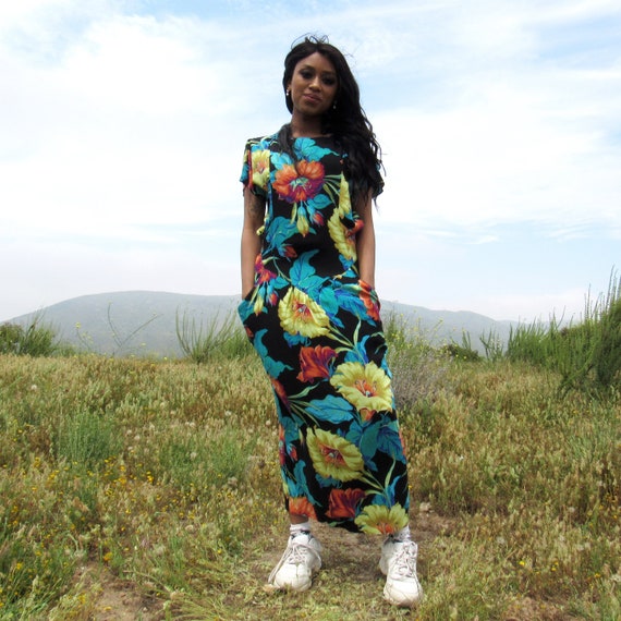 Short Sleeve Floral Maxi Dress - 1980s Big Floral… - image 1