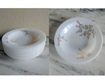 8 Vintage Large Milk Glass Bowls, Federal Glass Golden Glory Soup Cereal Bowls, Gold Bamboo White Milk Glass, Vintage Soup Bowl Set