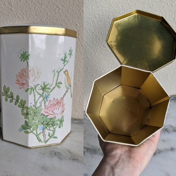 Vintage Asian Tea Biscuit Cookie Storage Tin, Kitchenware Metal Storage Tin, Modern Asian Floral Nature Kitchen Storage Tin Canister Display