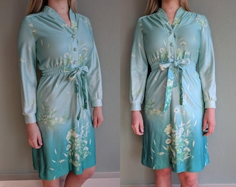 1960s Blue Floral Secretary Dress, Vintage Leslie Fay Blue Ombre Day Shirt Dress, Retro Belted Hipster Long Sleeve Spring Dress Small Medium